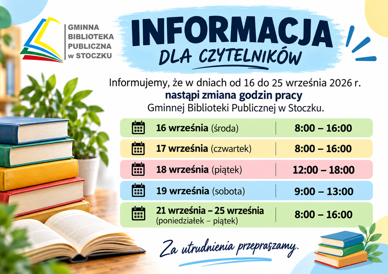 Informacja o&nbsp;zmianie godzin pracy biblioteki