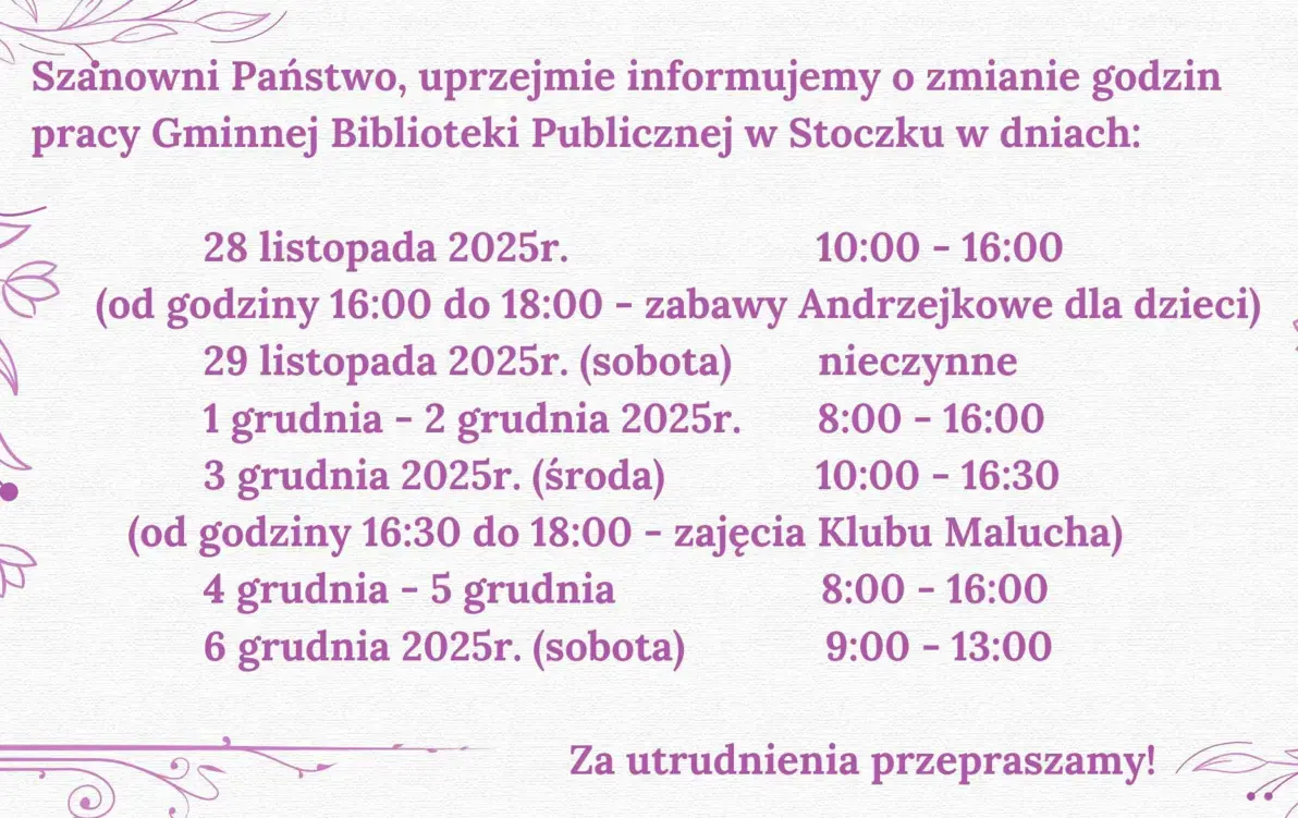 Godziny pracy Biblioteki